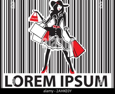 Modische Frau mit Einkaufstaschen im Barcode Stock Vektor