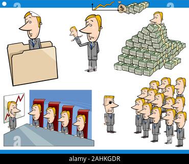 Cartoon Illustration von Geschäftskonzepten mit lustigen Geschäftsmann Zeichen fest. Stock Vektor