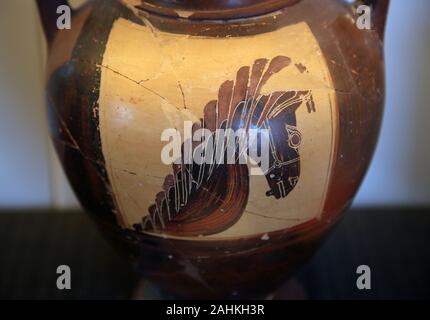 Schwarze Gestalt. Amphora mit einem Pferd Kopf, in Athen. (550 v. Chr.) Laghetto, Grab 52, in Paestum. Salerno, Italien. Website von Paestum. Stockfoto