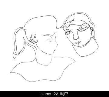 Eine durchgehende Linie zeichnen von Jungen und Mädchen. Einfache Linie kunst Zeichnung der Jungen und Mädchen. Stockfoto