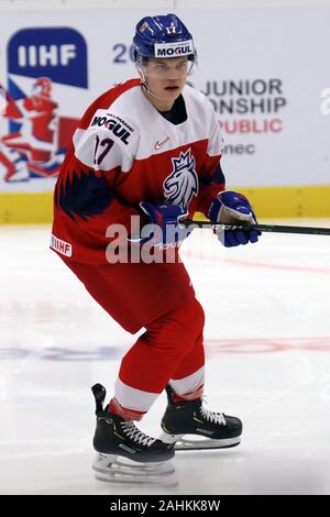 Matej Blumel (CZE), die in Aktion während der 2020 IIHF World Junior Eishockey WM Gruppe B Übereinstimmung zwischen den USA und der Tschechischen Republik in Ostrava, Tschechische Stockfoto