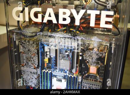 Gigabyte 2-phasig Eintauchen in Flüssigkeit (3M Novec fluid) Kühlung vollständig mit Wasser bedeckt Data Center Server/Computer des Typs auf der CES, Las Vegas, NV, USA. Stockfoto