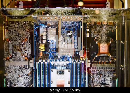 Gigabyte 2-phasig Eintauchen in Flüssigkeit (3M Novec fluid) Kühlung vollständig mit Wasser bedeckt Data Center Server/Computer des Typs auf der CES, Las Vegas, NV, USA. Stockfoto