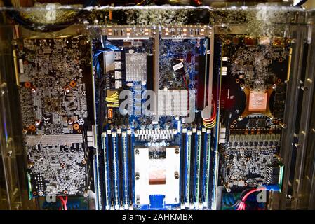 Gigabyte 2-phasig Eintauchen in Flüssigkeit (3M Novec fluid) Kühlung vollständig mit Wasser bedeckt Data Center Server/Computer des Typs auf der CES, Las Vegas, NV, USA. Stockfoto