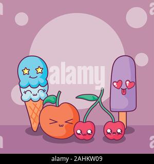 Eis und Früchte cartoons Design, Kawaii Ausdruck niedlichen Charakter lustig und emoticon Thema Vector Illustration Stock Vektor