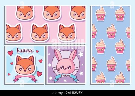 Cartoons Icon Set in Frames Design, Kawaii Ausdruck niedlichen Charakter lustig und emoticon Thema Vector Illustration Stock Vektor