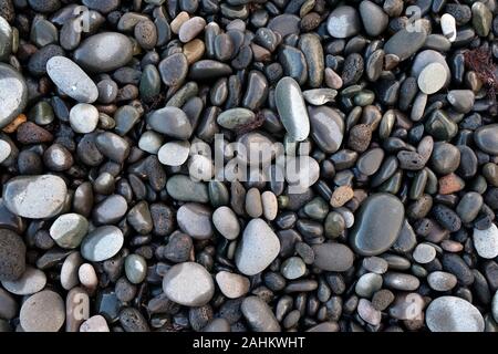 Eine Auswahl von nassen und trockenen runde Steine, Kieselsteine am Strand. Stockfoto
