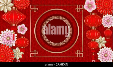 Das chinesische Neujahr Hintergrund mit Blumen, rote Laternen und Gold runden Rahmen Stock Vektor