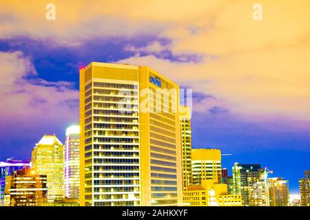 Calgary, Alberta. Kanada 28.Dezember 2019. Nexen CNOOC Petroleum Nordamerika ULC Gebäude Zeichen top in Downtown Calgary. Nexen Namen wie Toch zu verschwinden Stockfoto