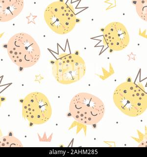 Nahtlose kindliche Muster mit Gesicht von niedlichen Leopard. Kreative Baumschule Hintergrund. Stock Vektor