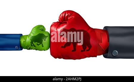 Die Investition in ein Bär Börse als eine große fallend Symbol Bekämpfung eines kleinen Stier Symbol als finanziellen und wirtschaftlichen Kampf mit starken negativen Markt. Stockfoto
