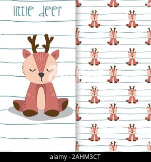 Hand gezeichnet Abbildung: Cute deer mit nahtloser Muster in den weißen Hintergrund Stock Vektor
