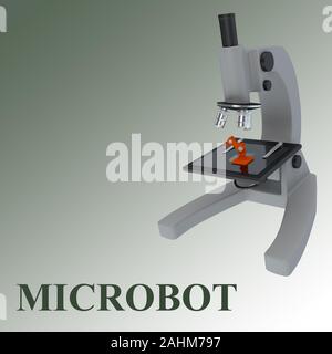 3D-Darstellung eines Mikroskops mit microbot und MICROBOT Titel, auf einem grünen Farbverlauf isoliert. Stockfoto