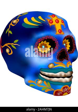 Tag der Toten Schädel. Farbenfrohe blaue Totenkopf mit Freistellungspfaden. Stockfoto