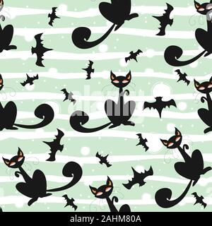 Nahtlose Muster von Halloween Katzen und Fledermäuse in Schwarz, traditionelle orange Hintergrund. Gut für Textildruck, Web, Papier, Verpackungen, Textilien, Hintergründe Stock Vektor