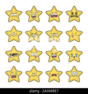 Sammlung von gelben Sterne emoticons Cartoons isoliert auf weißem Stock Vektor