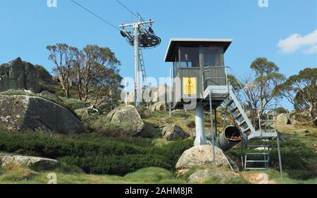 Perisher Valley ski lift im Sommer. Felsbrocken sind alle sichtbar und kontrastieren mit Winter's Warnschild: "Achtung der unmarkierte Gefahren". Stockfoto