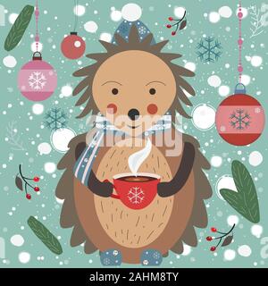 Frohe Weihnachten Igel mit einer Tasse Kaffee. Vector Illustration Stock Vektor