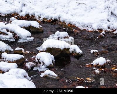 Ein Bach durch den Wald laufen hat mehrere Felsen stehend, im Schnee vom letzten Schneefall bedeckt sind. Die Rocky Creek noch gesunken Stockfoto