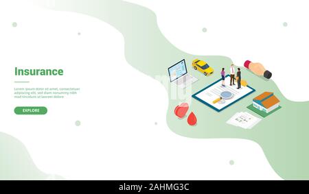Versicherung mit verschiedenen Modell mit modernen isometrische Stil für Website Landung homepage Vorlage - Vector Illustration Stockfoto
