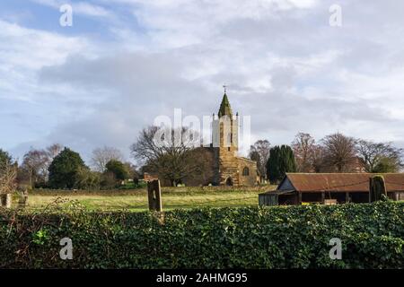 Die Kirche des Heiligen Kreuzes, betrachtet aus über die Felder, am Rande des Dorfes von Milton Malsor, Northamptonshire, Großbritannien Stockfoto