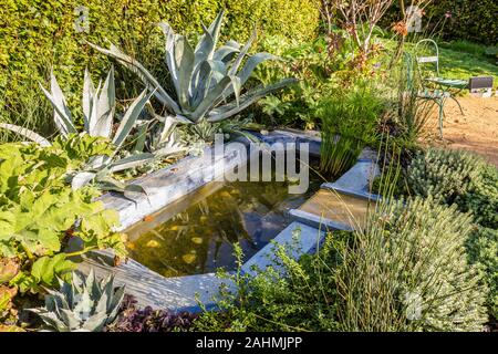 Garten Design mit einem kleinen römischen Stil Teich aus grauem Stein Stockfoto