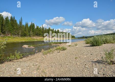 Sommer Fluss taiga Landschaft. Die Shchugor Fluss fließt durch das Gebiet der Yugyd Va National Park. UNESCO-Weltkulturerbe "Komi Jungfrau Fo Stockfoto