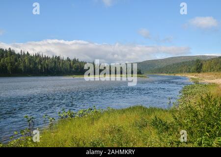 Sommer Fluss taiga Landschaft. Die Shchugor Fluss fließt durch das Gebiet der Yugyd Va National Park. UNESCO-Weltkulturerbe "Komi Jungfrau Fo Stockfoto