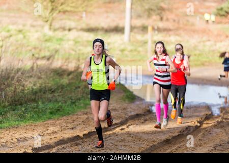 Sutton, Suffolk, VEREINIGTES KÖNIGREICH 15. Dezember 2019: A-Junioren unter 18 cross country running Rennen durch einen schlammigen Landschaft Kurs Stockfoto