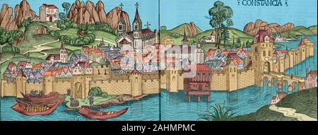 Konstanz, Deutschland. Gravur. Liber Chronicarum. Folios 240V, 241r, von Hartmann Schedel, 1493. Später Färbung. Stockfoto