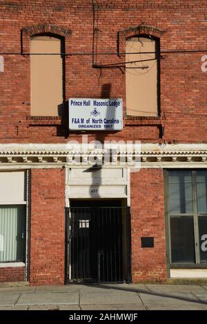 Die Prince Hall Masonic Lodge befindet sich Verbrettert am südlichen Ende der Innenstadt von Raleigh, North Carolina. Stockfoto