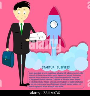 Start New business Projekt. Yong Geschäftsmann mit Aktenkoffer. startup business Banner mit weltraumrakete. Vector Illustration. Stock Vektor