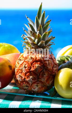 Tropische Früchte Sammlung, Custard Apple oder Grün reif cherymoia, Maracuja, Ananas, Mango, tamarillo Exotische Früchte auf blaues Meer Hintergrund in Stockfoto