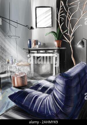 Hand gezeichnete Skizze von einem eingerichteten Wohnzimmer im klassischen Stil mit modernen Couch und Kamin Stockfoto