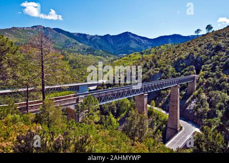 Eisenbahn und Automobil Straßen in der Natur in Zentral Korsika eingetaucht. Transport wege Kreuz Tavignano Fluss und in Tunnels Bergen mit fo abgedeckt ausblenden Stockfoto