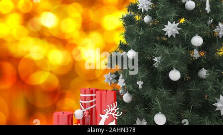 3D-Rendering close up Weihnachtsbaum mit roten Kerze und warmen blur Hintergrund mit Platz für die Worte auf Stockfoto