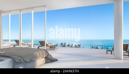 3D-Rendering luxus Villa Schlafzimmer in der Nähe von Strand mit schönen Szene aus dem Fenster Stockfoto