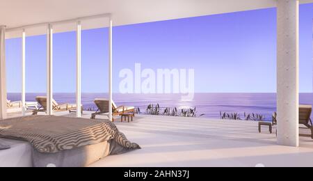 3D-Rendering luxus Villa Schlafzimmer in der Nähe von Strand mit schönen Abend Szene aus dem Fenster Stockfoto