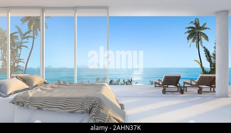 3D-Rendering luxus Villa Schlafzimmer in der Nähe vom Strand und Palmen mit schönen Morgen Szene aus dem Fenster Stockfoto