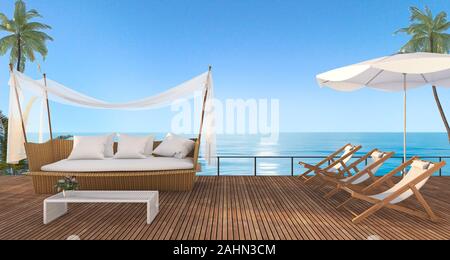 3D-Rendering schöner Strand rattan Sofa mit Strand Bett auf der Terrasse in der Nähe von Meer mit morgen Szene Stockfoto