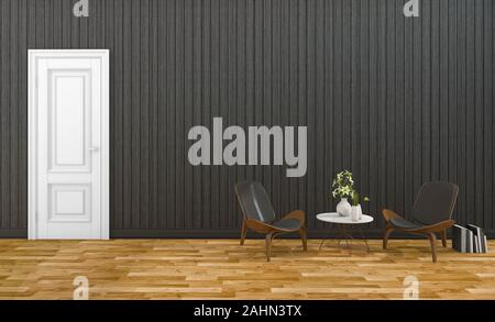 3D-Rendering aus dunklem Holz Wand Wohnzimmer mit moderner Sessel Stockfoto