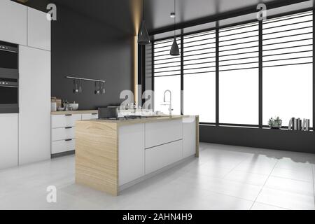 3D-Rendering modernes Loft schwarze Küche und Esszimmer Stockfoto