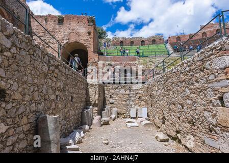 Antike Theater in Taormina Gemeinde in Metropolitan City von Messina, an der Ostküste der Insel Sizilien, Italien Stockfoto