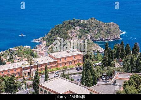 Luftbild vom antiken Theater in Taormina Gemeinde in Metropolitan City von Messina, an der Ostküste der Insel Sizilien, Italien Stockfoto