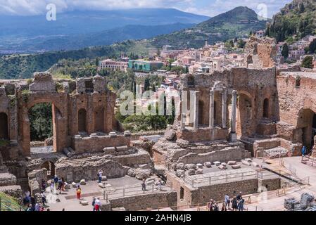 Ruinen des antiken Theater in Taormina Gemeinde in Metropolitan City von Messina, an der Ostküste der Insel Sizilien, Italien Stockfoto