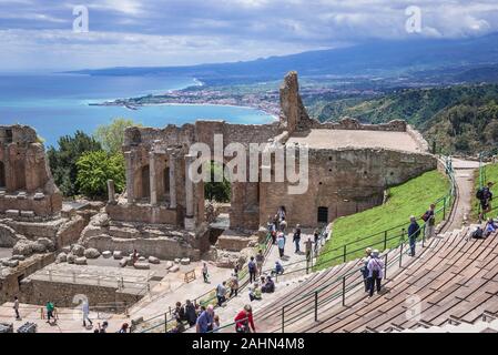 Antike Theater in Taormina Gemeinde in Metropolitan City von Messina, an der Ostküste der Insel Sizilien, Italien Stockfoto