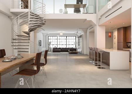 3D-rendering Loft klassische Einrichtung der Küche Wohn- und Essbereich Stockfoto