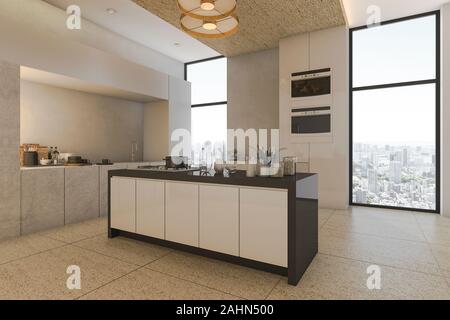 3D-Rendering schöne Stadt Blick von der Küche auf Eigentumswohnung Stockfoto