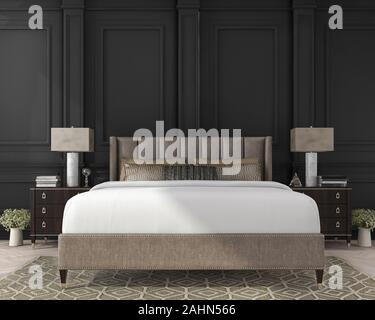 3D-Rendering classic Bett im dunklen Schlafzimmer Stockfoto