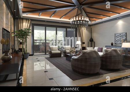 3D-Rendering im tropischen Stil Resort Suite Living Lounge und Rezeption Stockfoto
